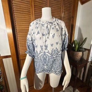 Nanette Lepore Ivory and Navy Patterned Blouse